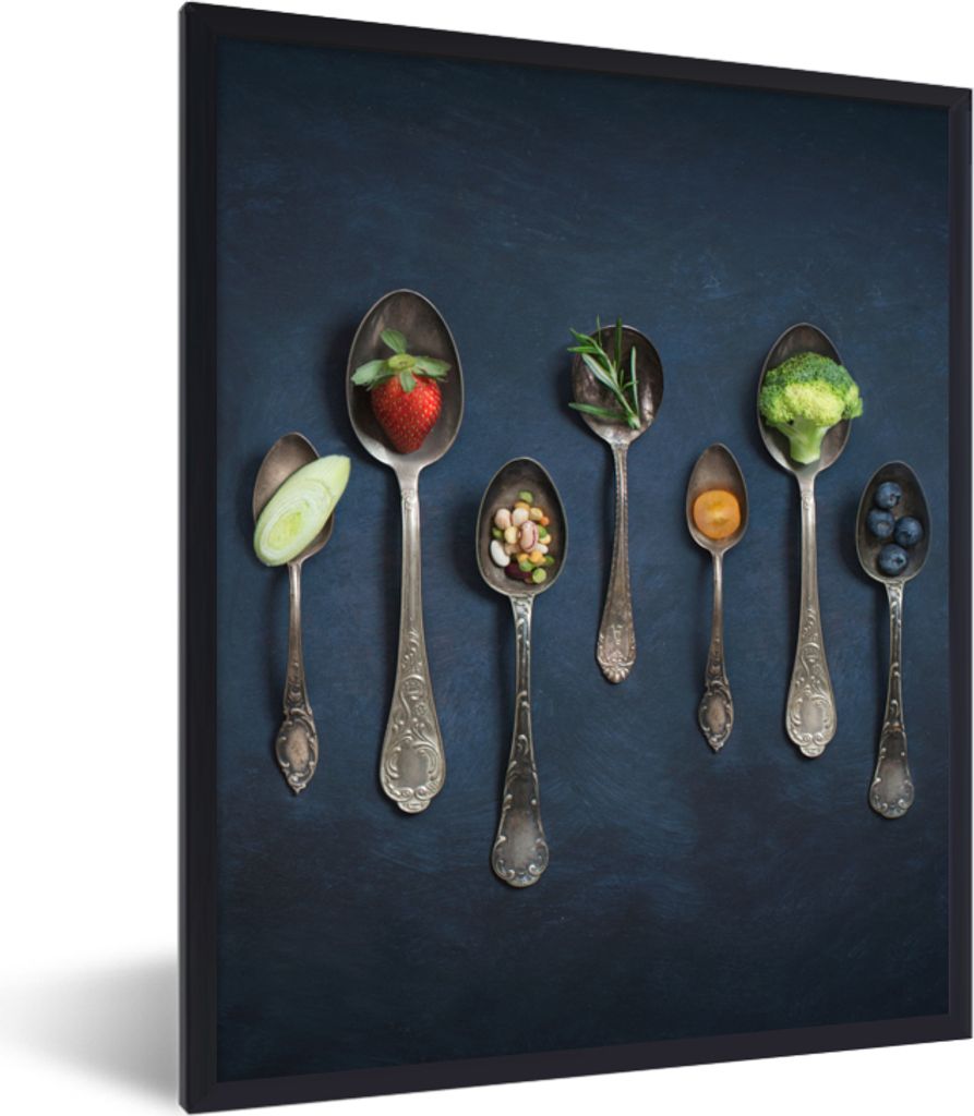 MuchoWow Gerahmtes Poster Kräuter - Löffel - Silber - Gewürze - Industriell 60x80 cm - Poster mit Schwarzem Bilderrahmen Wandposter Rahmen Fot...