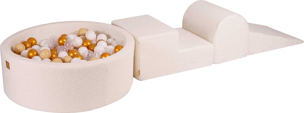 MeowBaby Spielplatz aus Schaumstoff 3-Element Schaumspielset mit Runde Bällebad, 200 Bälle, Boucle Weiss: Gold/Beige/Weiss/Transparent
