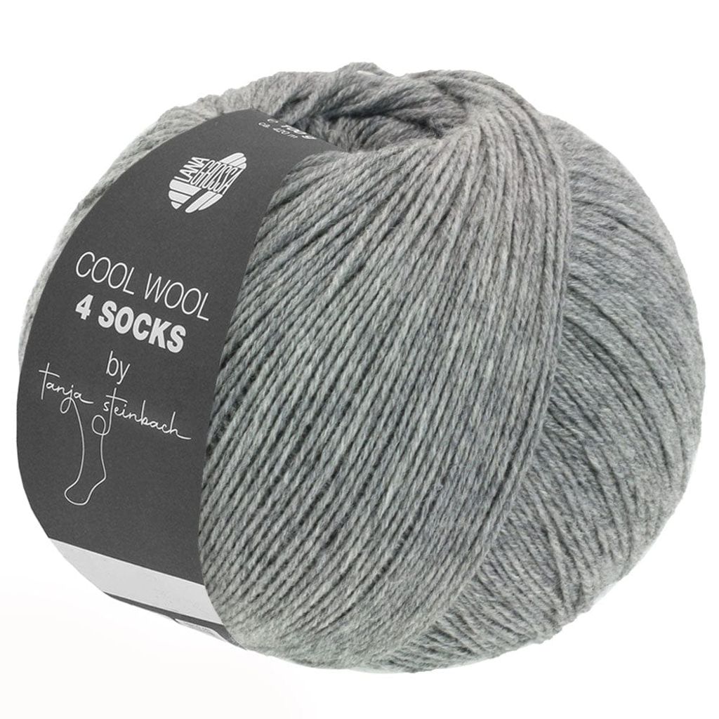A ball of grey yarn with a dark grey label.