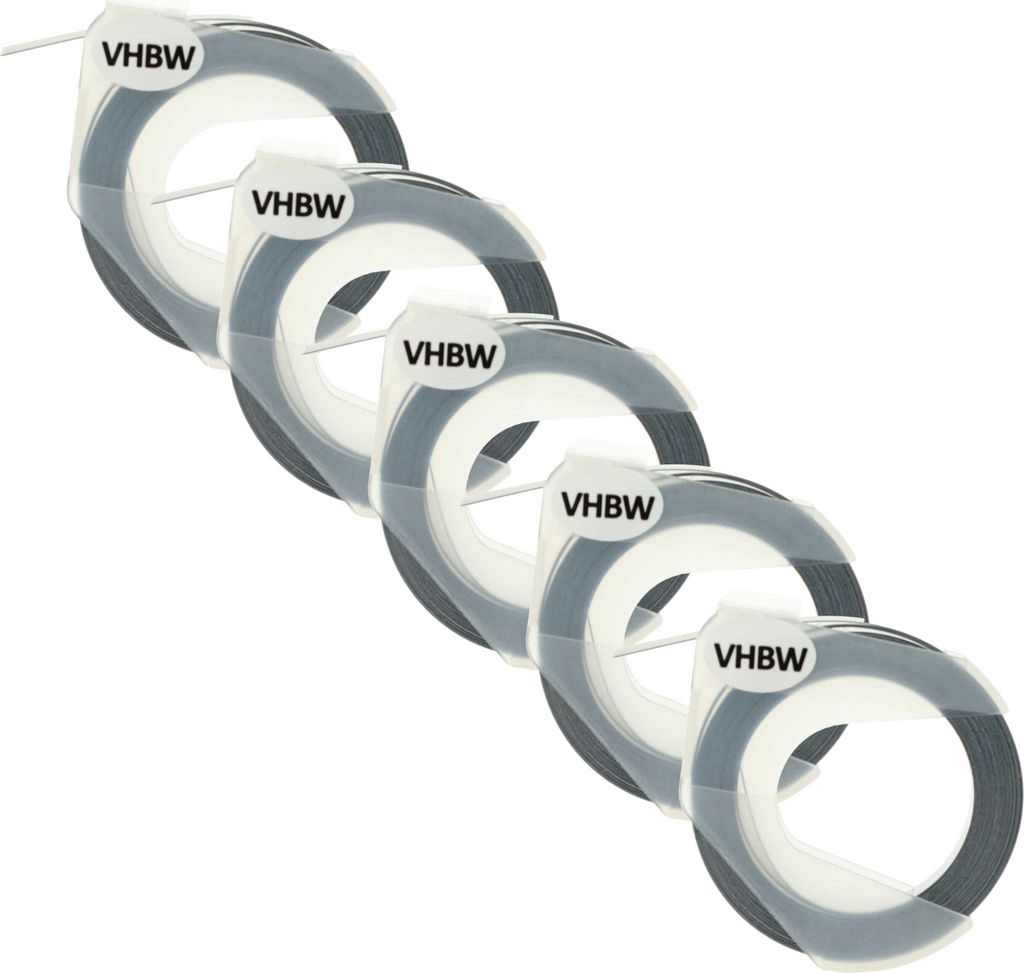 vhbw 5x 3D Prägeband-Schriftband-Kassette kompatibel mit Dymo Omega Home S0717930, Office-Mate II 154000 Etiketten-Drucker 3m x 9mm Weiß auf Schwarz