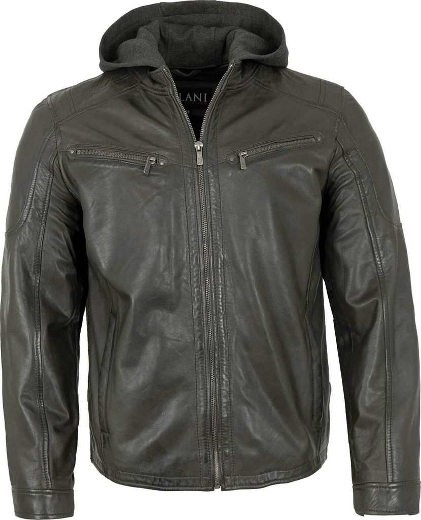 Jilani - Herren Lederjacke Kapuze Lammnappa khaki : 54
