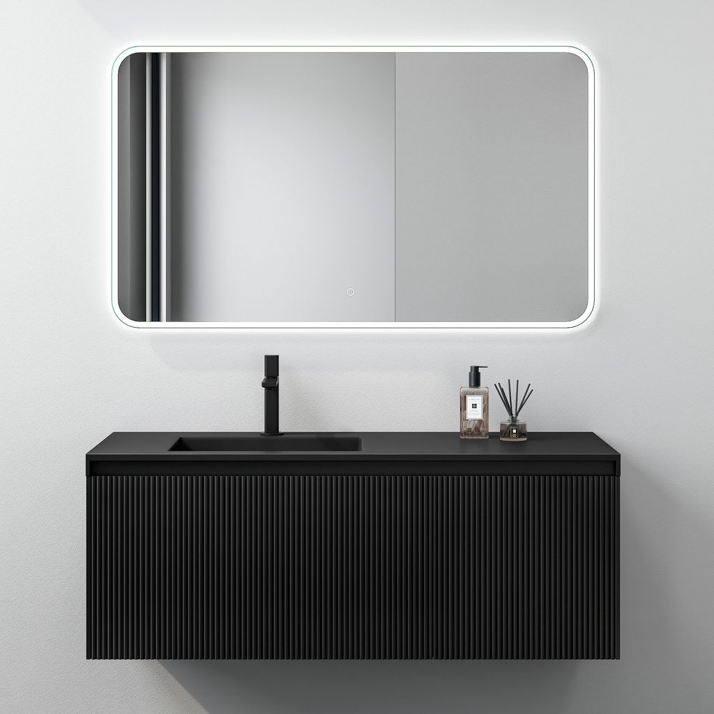Mai & Mai Design Badmöbelset Waschbeckenunterschrank 120cm in Schwarz matt mit Softclose Schubladen inkl. Waschbecken und LED-Spiegel Santa