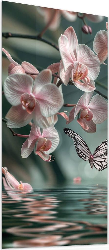 Glasbild 60x120cm in XXL für Wohnzimmer, Schlafzimmer Motiv Orchideen Schmetterling