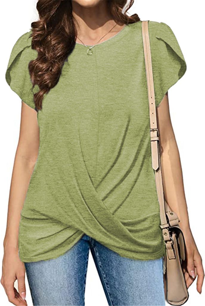 ASKSA Damen T-Shirt Rundhals Kurzarm Blütenblatt Ärmel Shirts Lose Sommer Twist Knoten-Tuniken Blusen Tops, Grün, XXL