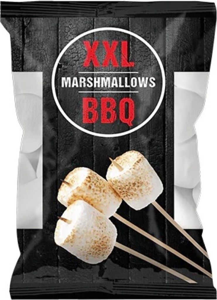 A bag of XXL marshmallows for BBQ, with three marshmallows on skewers in the foreground.