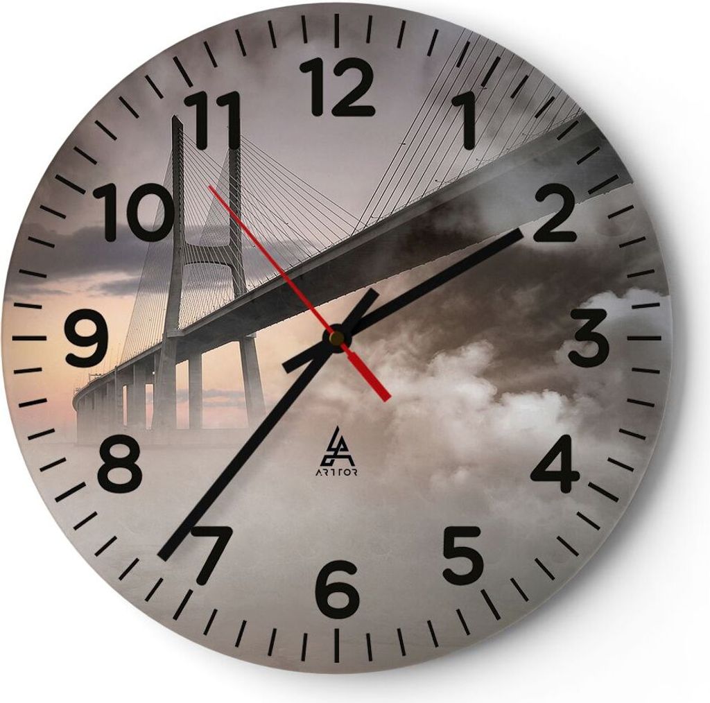 Wanduhr - Rund - Glasuhr - Brücke Nebel Wasser - 30x30cm - Schleichendes Uhrwerk - Lautlos - zum Aufhängen bereit - Dekoration Modern - Wanddekor...