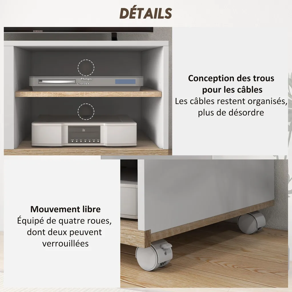 Meuble TV Scandinave à Roulettes - Support Vidéo avec 2 Passe-câbles - 6