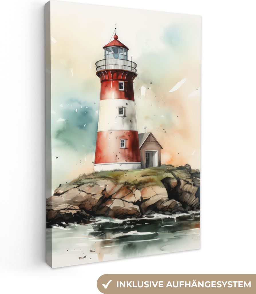MuchoWow - Leinwandbilder - Leuchtturm - Felsen - Weiß - Natur - Meer - Maritim, Wandbild, Wanddeko Bilder Wohnzimmer, 60x90 cm