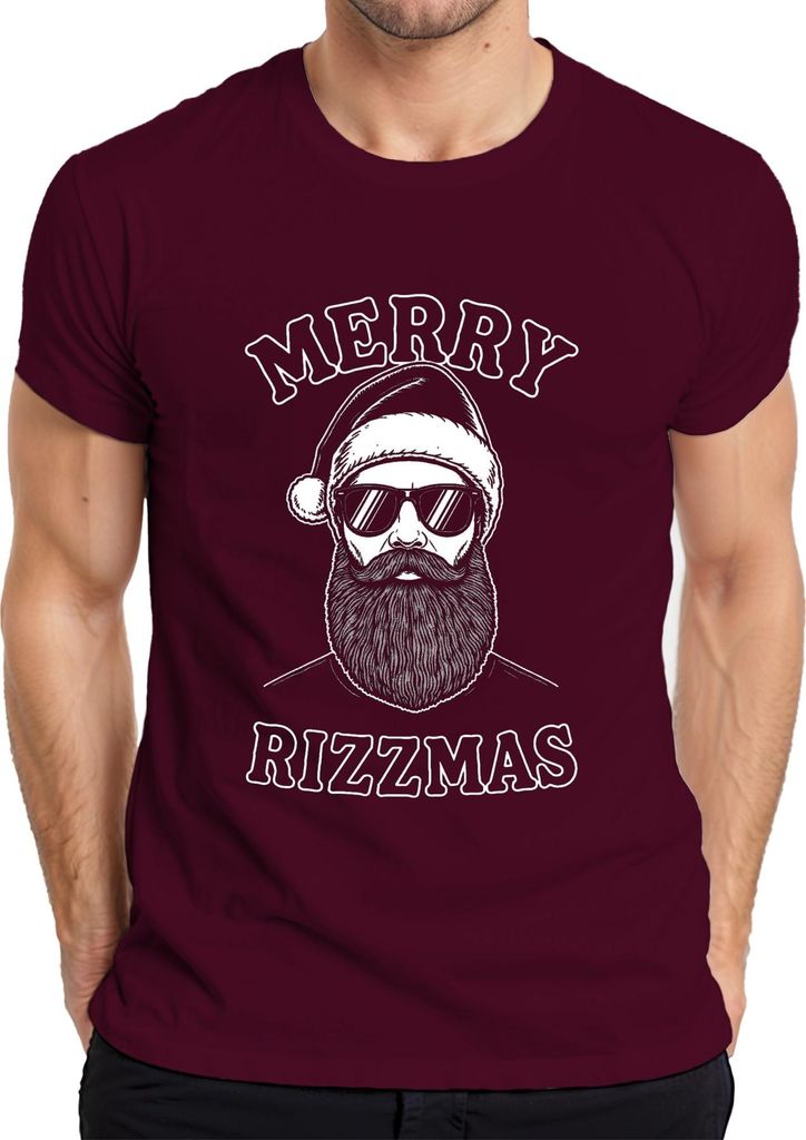 MERRY RIZZMAS Weihnachten Hipster Bärtiger Lustig Geschenkidee Herren T-Shirt, Burgundy, XXL