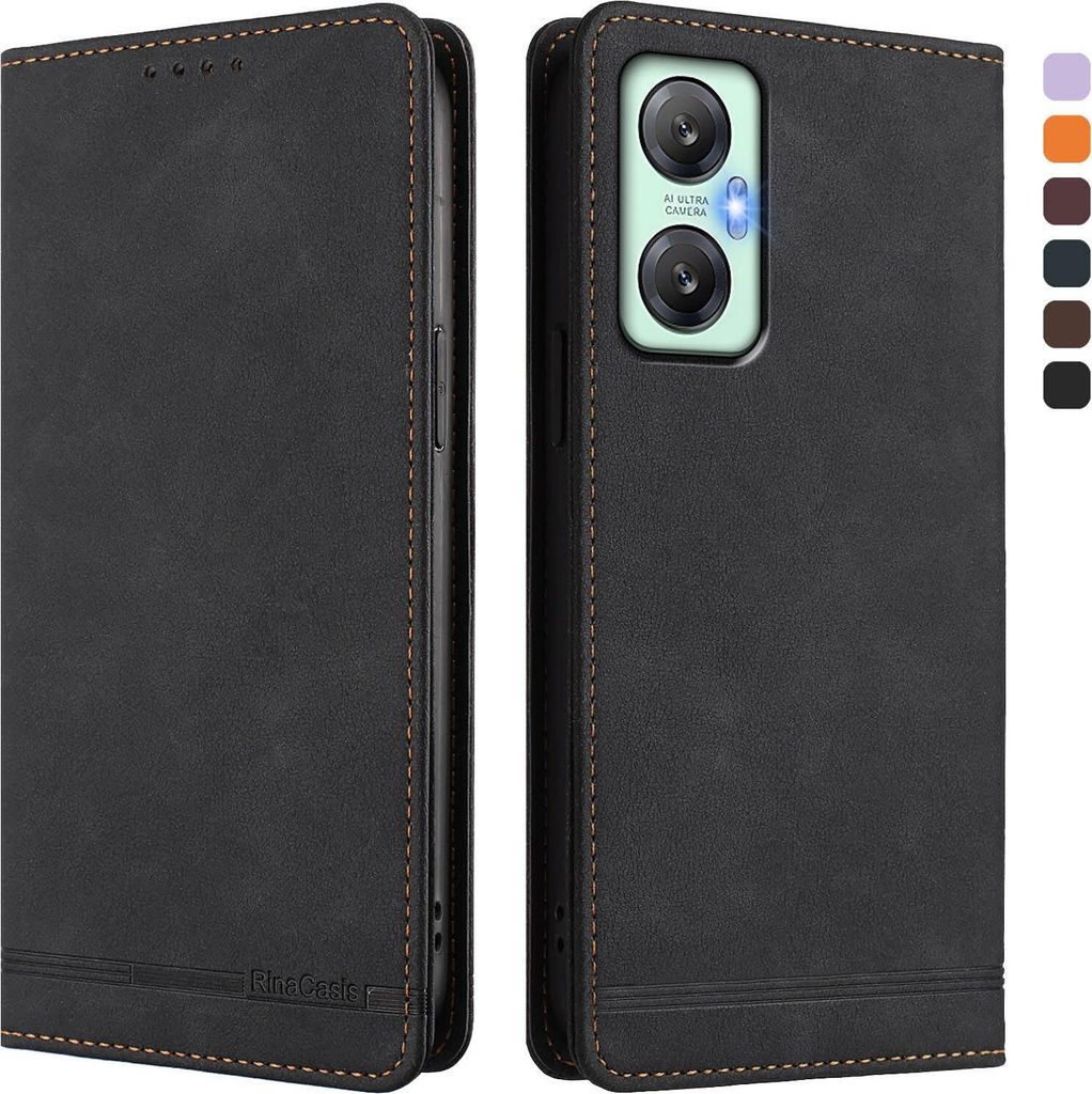 Hülle für Infinix Hot 20 5G, Retro Kunstleder Ständer Klapphülle mit Kartenfächer und Magnetische Schwarz
