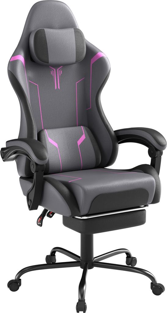 UISEBRT Gaming Stuhl Bürostuhl Ergonomisch Höhenverstellbar mit Kopfkissen Vibrationsmassage Lendenkissen Fußstütze Armlehnen Veloursstoff Grau...
