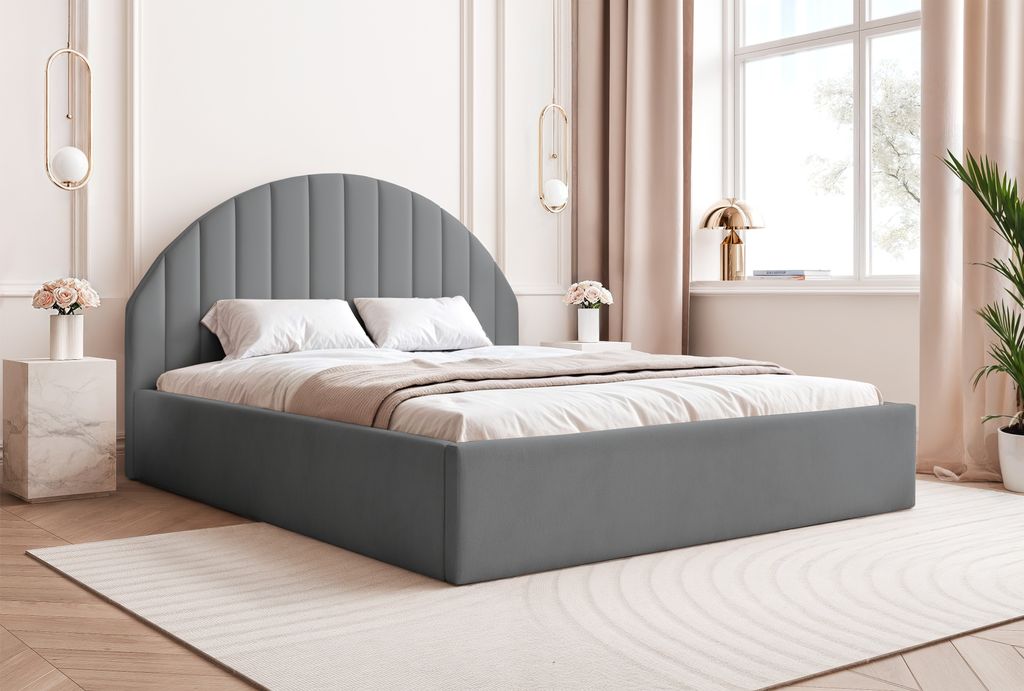 BESILIO Schlafzimmer abgerundetes Kopfteil 160x200 schlankes Bett Charlott - Bettzeugbehälter, Rahmen - Dunkelgrau