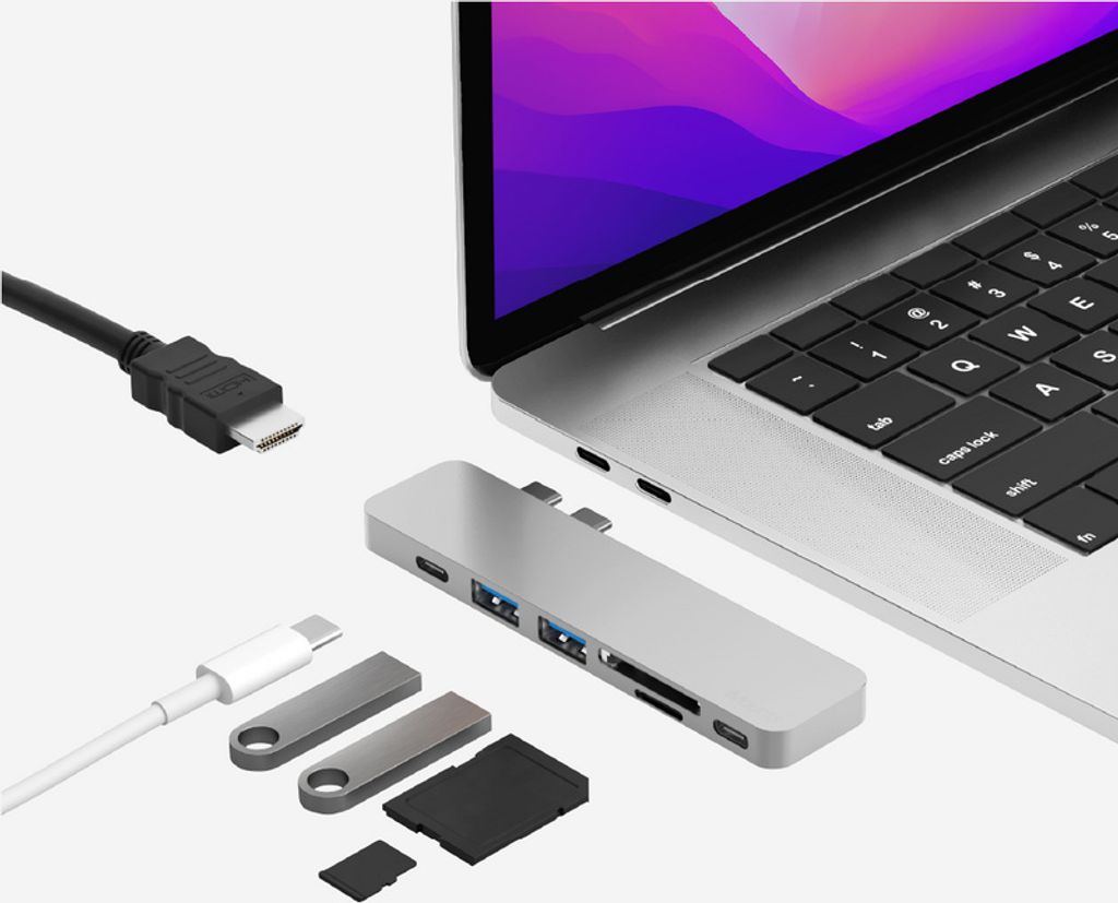 iMounts USB-C Hub für MacBook Air/Pro - HDMI, USB3.0, Thunderbolt 3, Micro SD/SD-Kartenleser, Aufladen - Silber