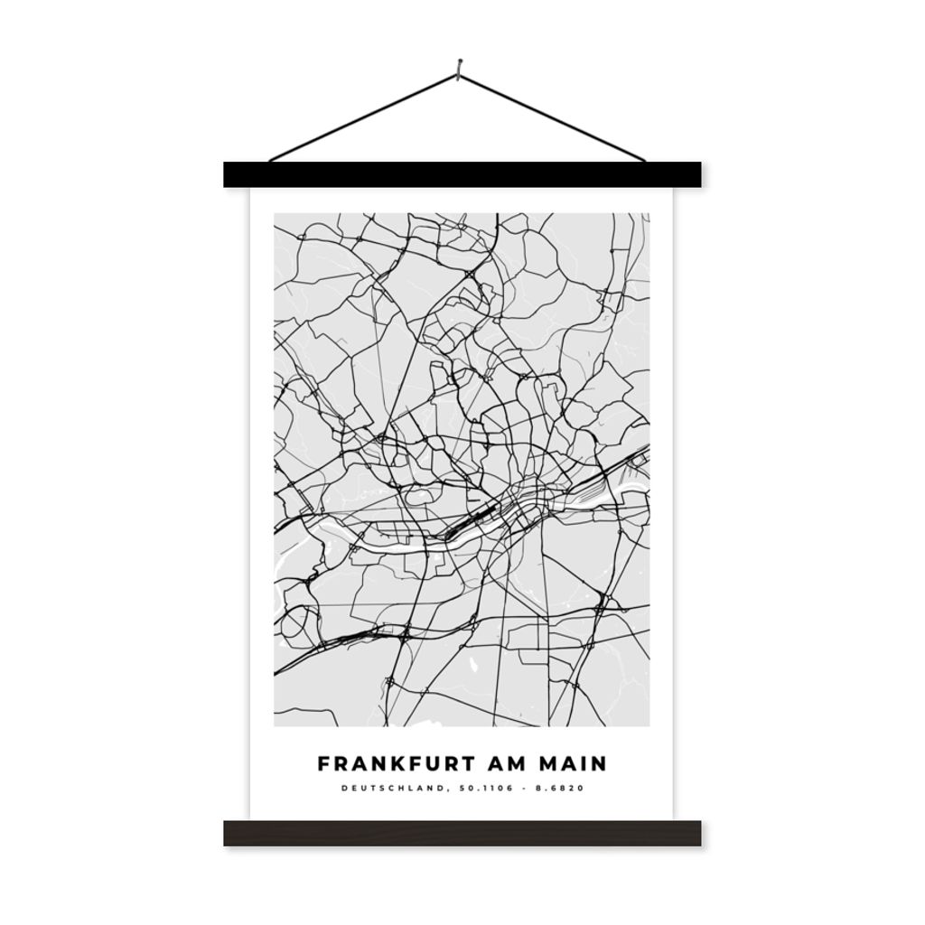MuchoWow Textilposter Frankfurt am Main - Karte - Stadtplan - Deutschland 40x60 cm mit schwarzem Rahmen - Wanddekorationen