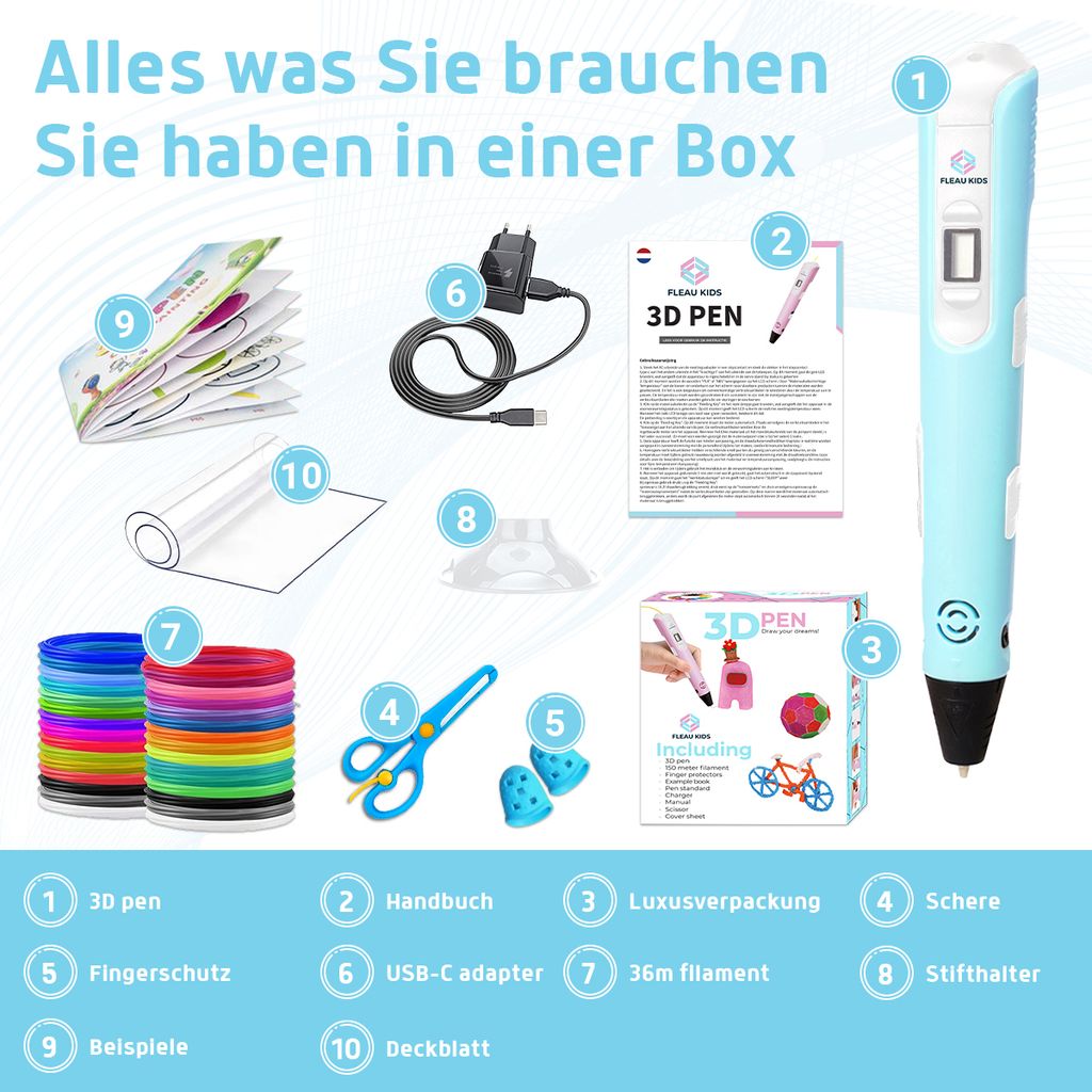 Fleau Kids 3D Stift Starter Pack Blau L - 36m Filament - 12 Produktbild 2