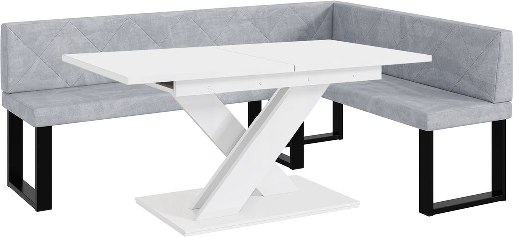 MEBLINI Eckbank für Esszimmer mit ausziehbarem Tisch - Küchenbank - Essecke - Sitzecke Küche - ERIC - U-Beine 142x196x87cm Rechts - Hellgrau Sam...