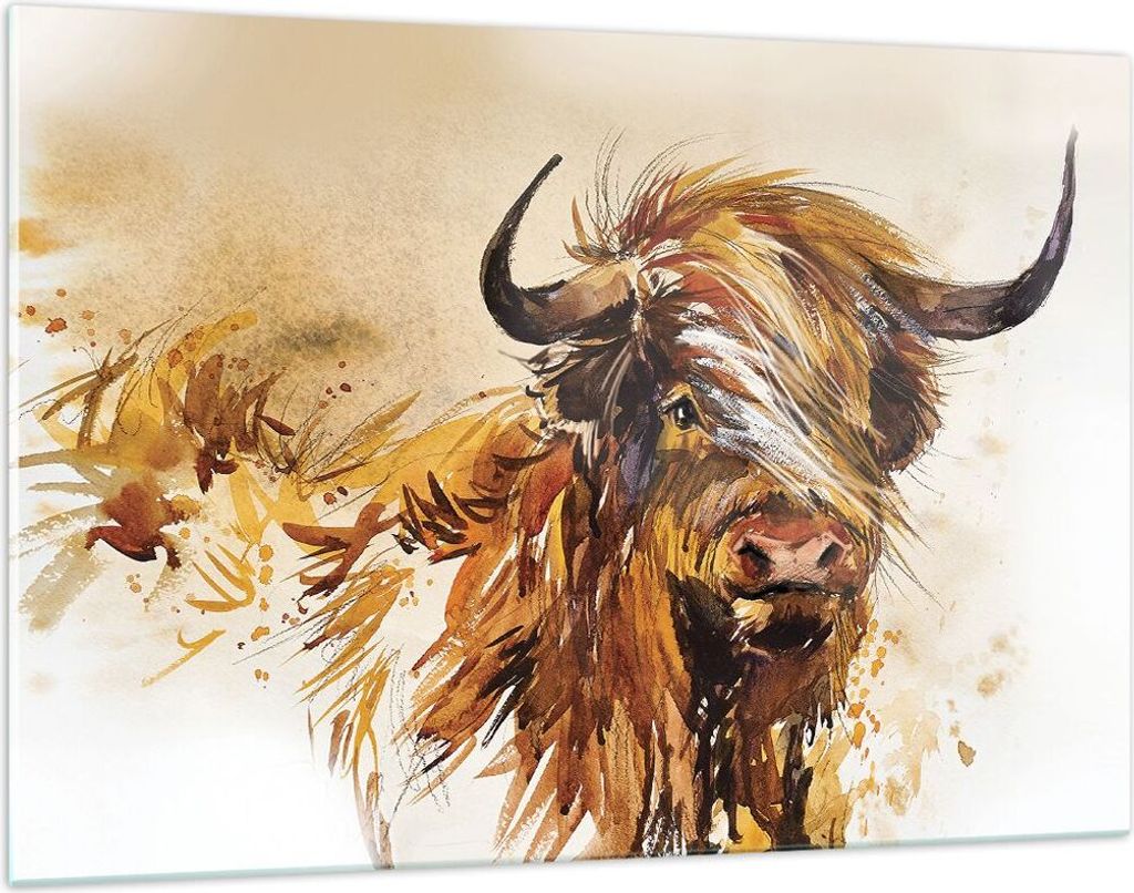 Bilder auf glas - Einteilig - Stier Scotch Aquarell - 120x80cm - Glasbilder - Wandbilder - Bilder - zum Aufhängen bereit - Wanddekoration aus Glas...
