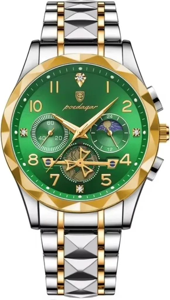 Montre Homme Cadran Vert POEDAGAR - Étanchéité et Acier Inoxydable Argenté