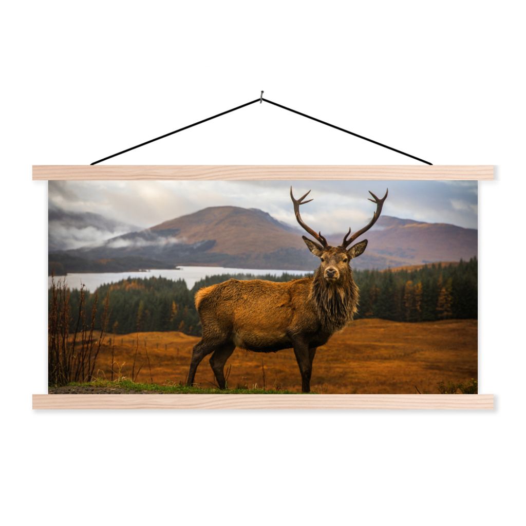 MuchoWow Textilposter Hirsche - Berge - Wasser - Landschaft - Tiere - Bäume 120x60 cm mit holzfarbenen Rahmen - Klemmleiste