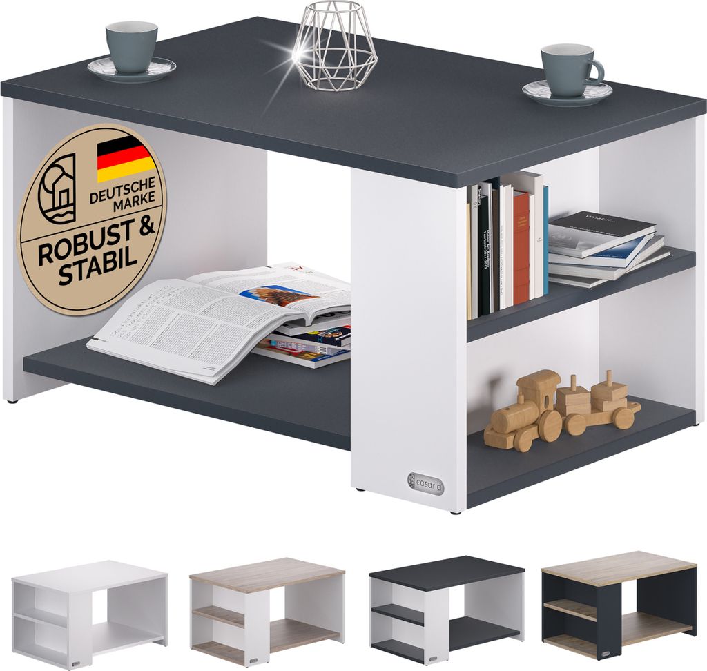 A coffee table with storage, shown with decorative items and books, and multiple color variations displayed below.