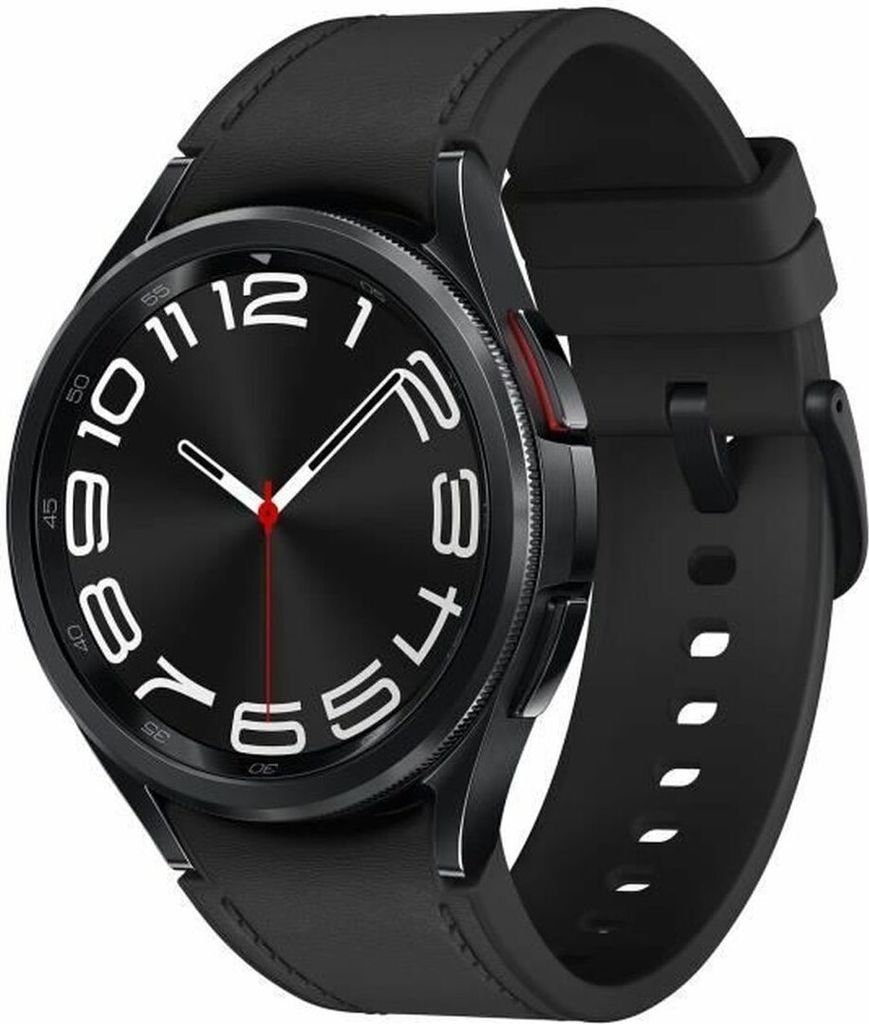 A close-up studio shot of a black Samsung Galaxy Watch6 Classic.