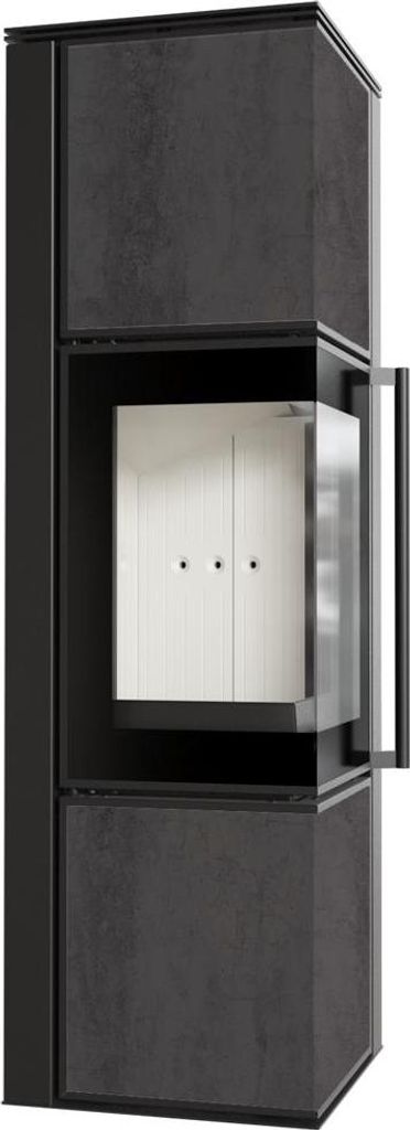 Kaminofen aus Stahl KRATKI TORA/M 8 kW Ø 150 Quarzsinter NATURALI PIETRA DI SAVOIA ANTRANCITE BOCCIARDATA