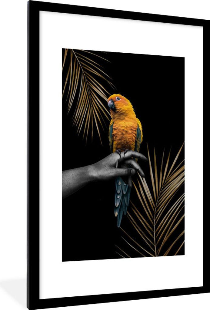 MuchoWow MuchoWow Gerahmtes Poster Grün - Papagei - Pflanzen 60x90 cm - Poster mit zchwarzem Bilderrahmen - Dekoration - Wandposter Wohnzimmer...