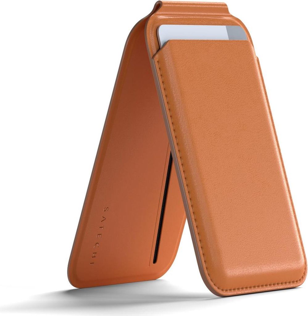 A brown leather phone case with a card slot, standing open.