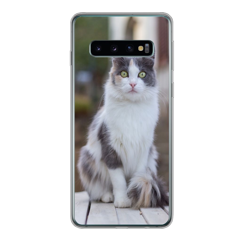 MuchoWow Handyhülle Schutzhülle Hülle für Samsung Galaxy S10 Katze - Porträt - Tisch - Mädchen - Kinder - Jungen Silikon Softcase Handy Hü...