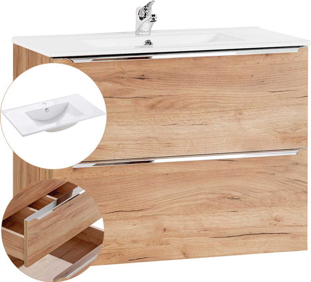 Waschtisch-Unterschrank 80cm mit Keramik-Waschbecken TOSKANA-56 Wotaneiche, B/H/T ca. 81/58,5/46 cm