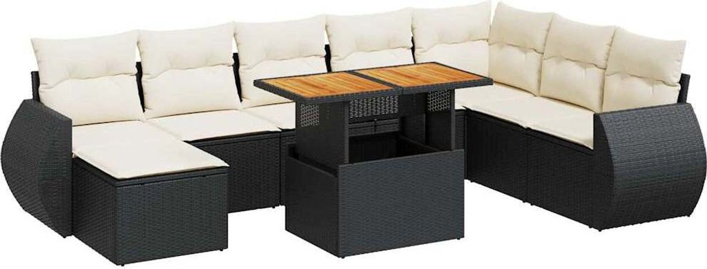 9-tlg. Garten-Sofagarnitur mit Kissen Schwarz Poly Rattan