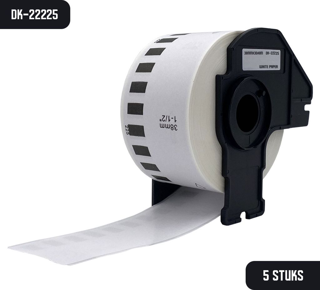 DULA Brother Compatible DK-22225 - Doorlopende labelrol - 5 rollen - 38 mm x 30,48 m - Zwart op wit - Papier