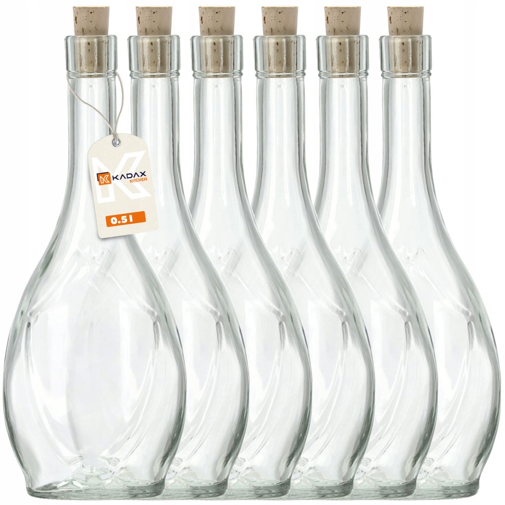 KADAX Glasflasche mit dichtem Korkenverschluss, Ölflasche mit Traubenmuster, Essigflasche 500ml - 6 Stück