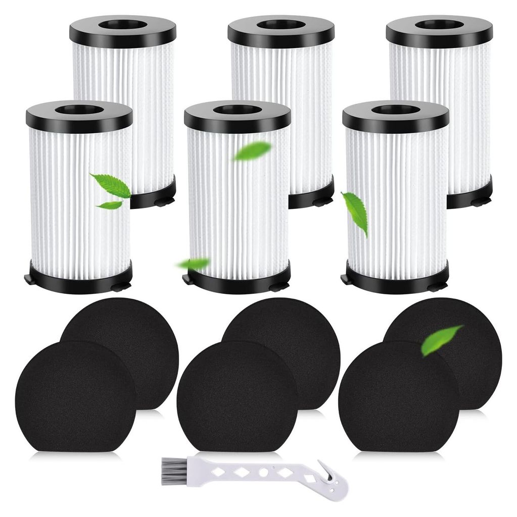 A set of vacuum cleaner filters and sponges arranged on a white background.