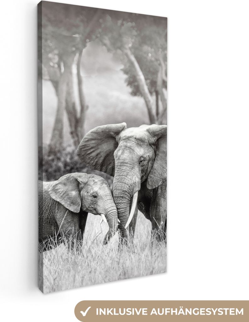 MuchoWow - Leinwandbilder - Elefant - Tiere - Natur - Schwarz und weiß, Wandbild, Wanddeko Bilder Wohnzimmer, 40x80 cm
