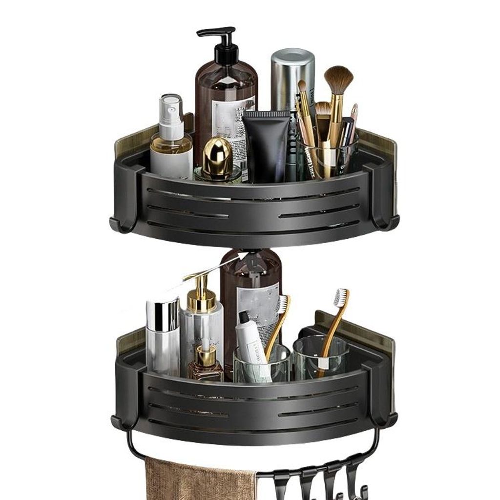 Eckregal ohne Bohren, verdicktes Aluminium Wandregal, Bad & Küche, wasserdicht, rostfrei, starke Tragkraft, mit 4 Haken, Doppelschicht