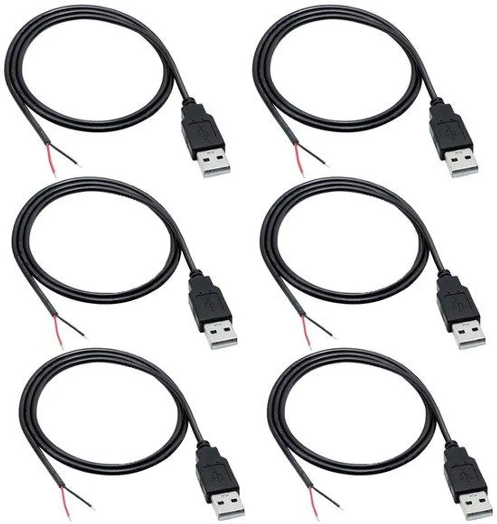 Lot de 6 câbles pigtail USB 2 pôles 22 AWG noir de 1m pour alimentation