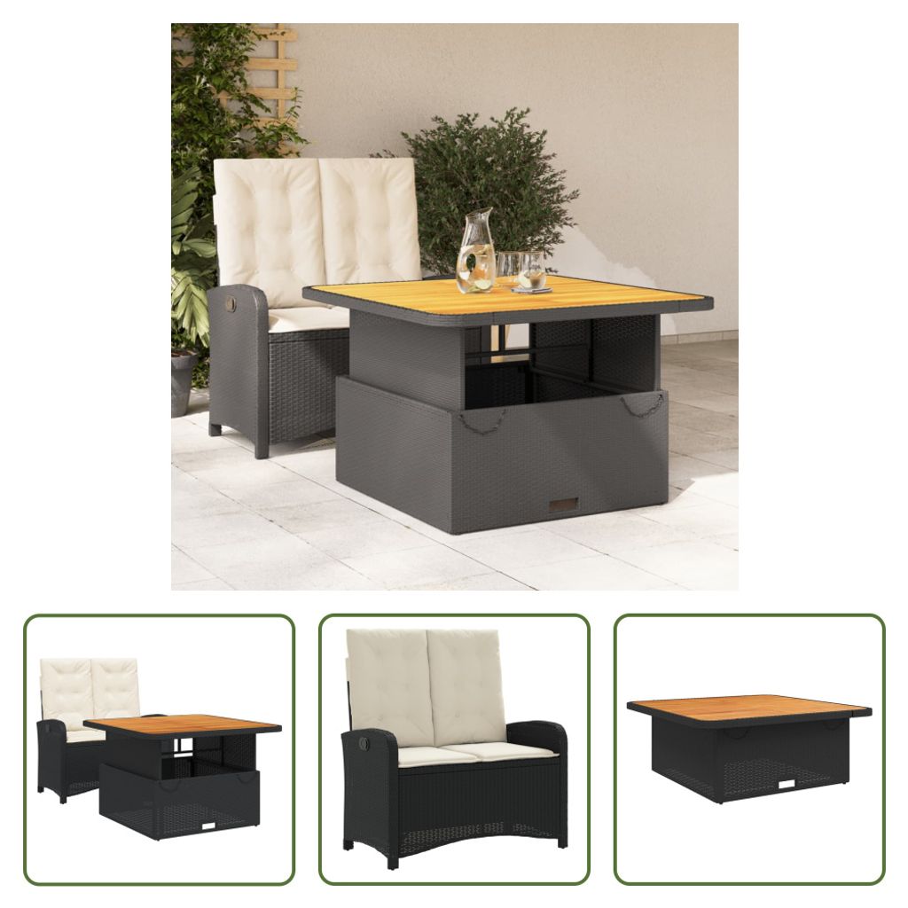 The Living Store 2-tlg. Garten-Essgruppe mit Kissen Schwarz Poly Rattan