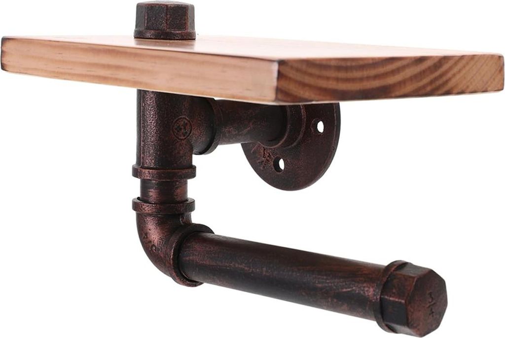 Rustikaler Toilettenpapierhalter aus Rohr mit Ablage, industrieller Toilettenpapierhalter, Wandmontage, Bauernhaus-Toilettenpapierhalter aus Holz f...