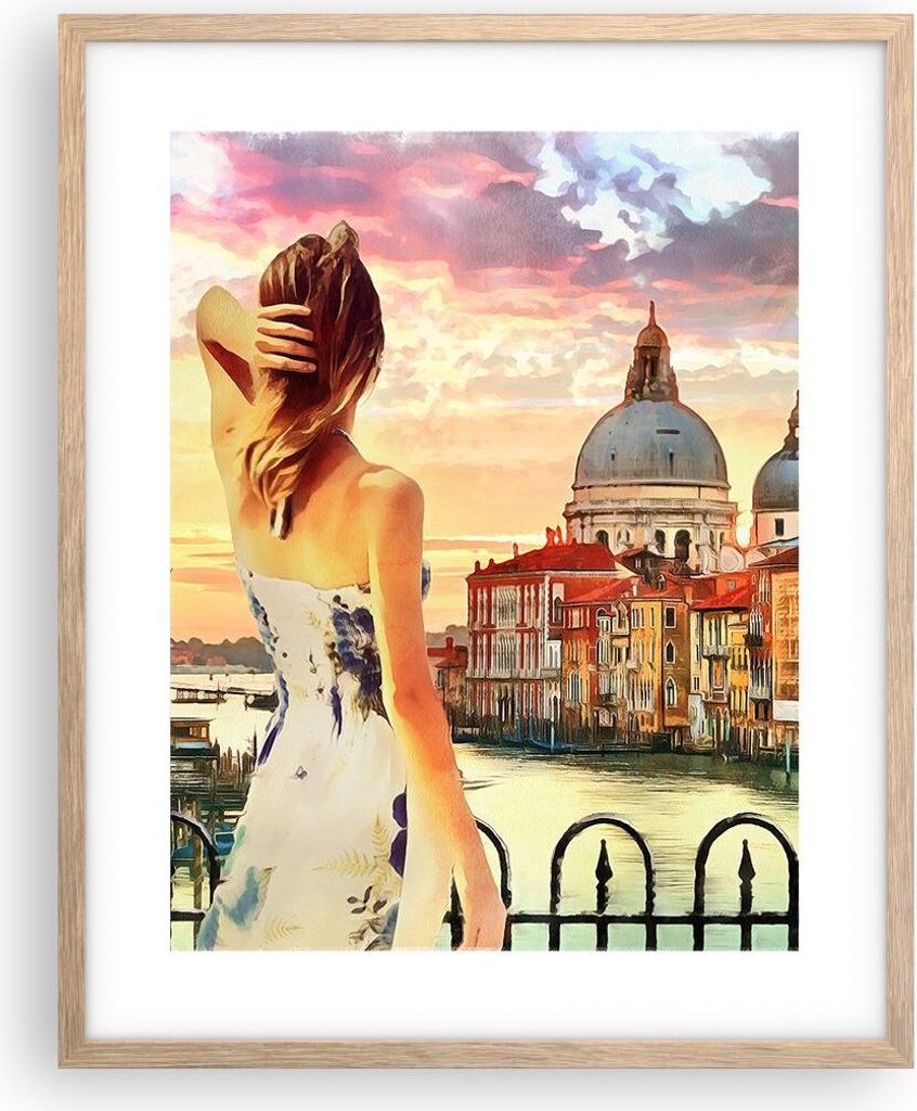 Gerahmtes Poster - Rahmen in heller Eiche - Venedig Brücke Wasser - 40x50 cm - Wand Bild - Wanddeko - Wandbilder - Wandposter - Bilderrahmen - Bil...