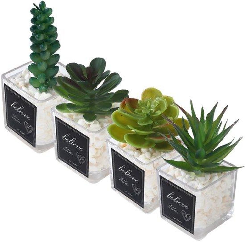 Kunstmatige vetplanten in glazen bloempotten, 4 stuks, groen, kleine decoratie voor woonkamers, kantoren en bruiloften.
