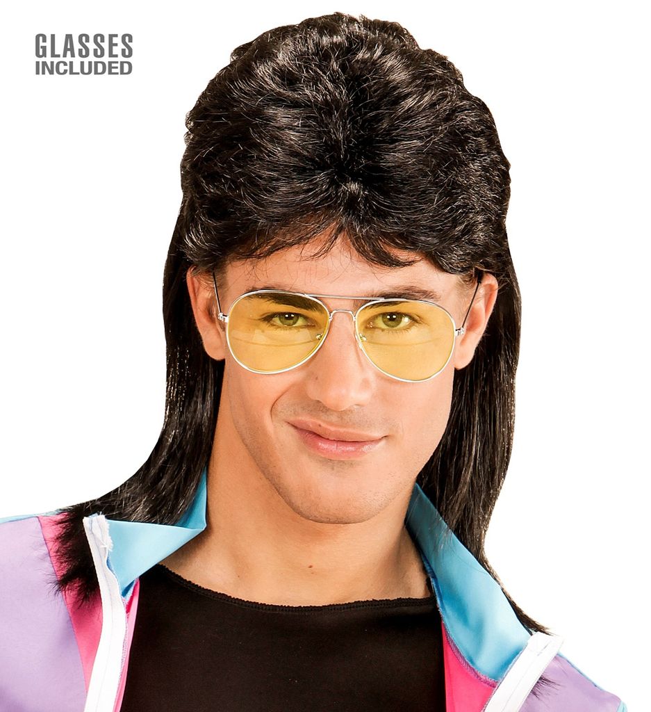 Vokuhila Männer Perücke mit Brille 80er Jahre Mullet in Produktbild 