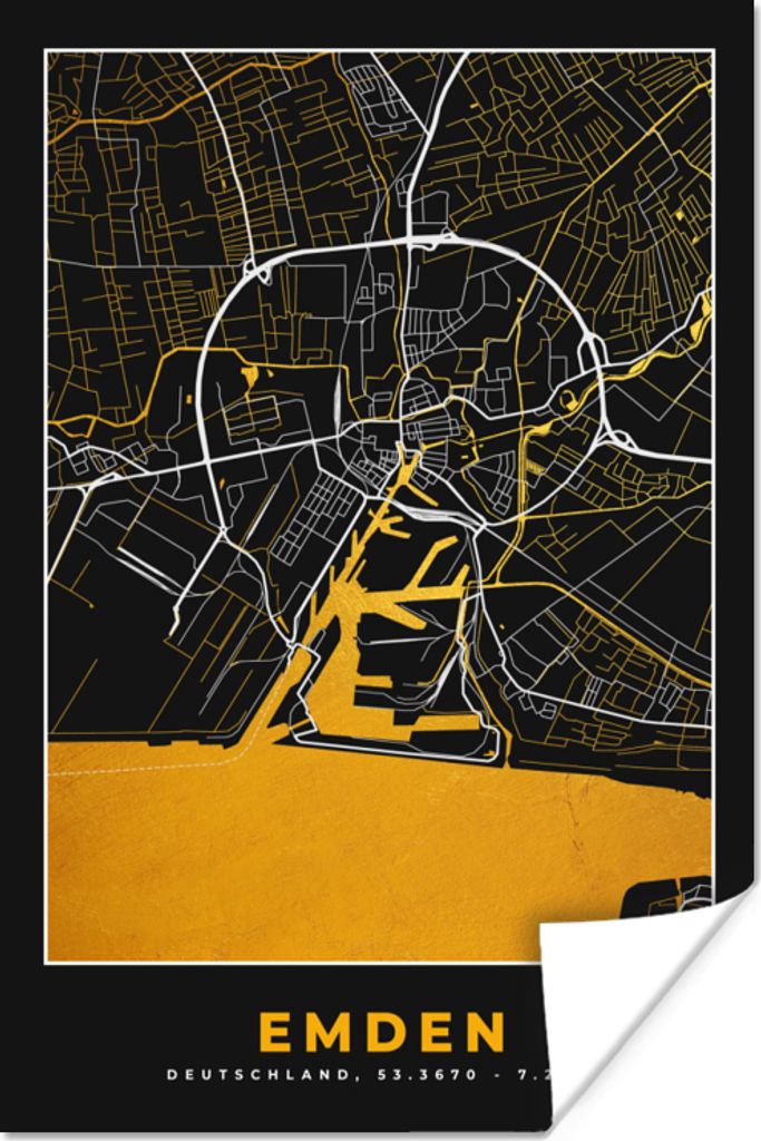 MuchoWow Poster Gold - Deutschland - Karte - Stadtplan - Emden 40x60 cm - Plakate für die Wand - Poster Babyzimmer