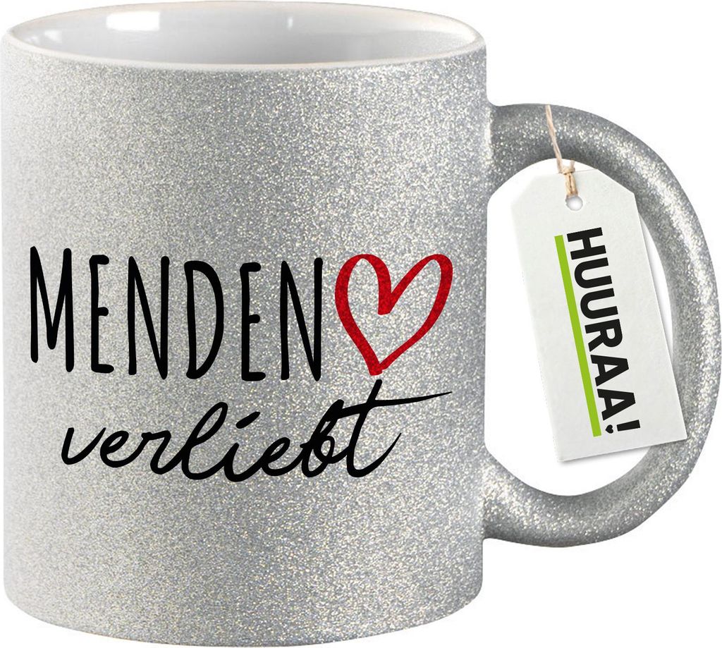 Huuraa Glitzertasse Menden (Sauerland) verliebt 330ml Silber Keramik Kaffeebecher Geschenkidee