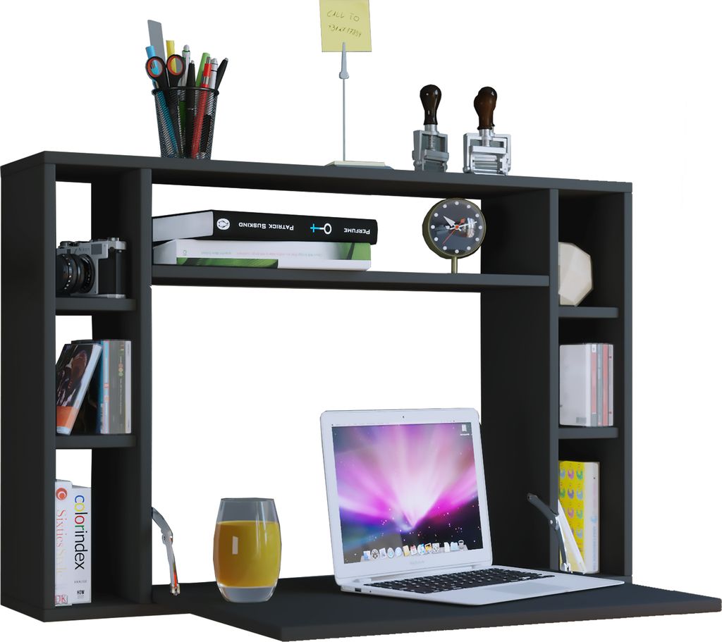 A modern black desk with shelves, a laptop, books, and office supplies.