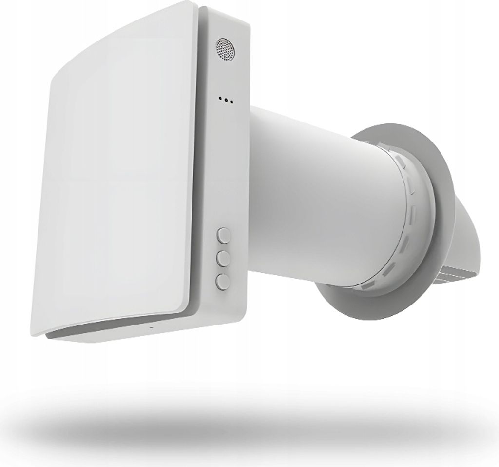 A white ventilation unit with a cylindrical duct extending from it, shown against a white background.