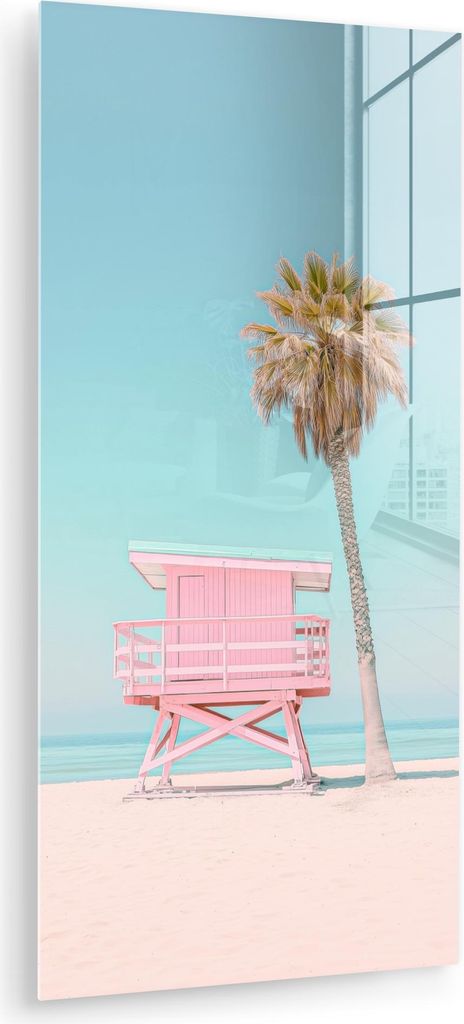 MuchoWow Glasbilder - Bilder auf Wandbild - Foto auf Glas Palme - Strandhaus - Rosa 60x120 cm Wanddekoration aus Glas - Acrylglasbild - Acrylbilder...