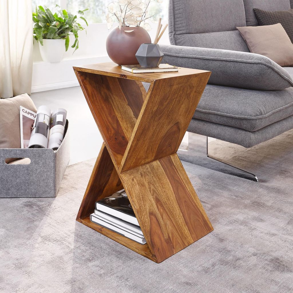 Beistelltisch X-Form 43x60x30 cm Sheesham Massivholz Anstelltisch | Tisch Wohnzimmer Massiv | Kleiner Wohnzimmertisch Echtholz | Sofatisch mit Ablagen