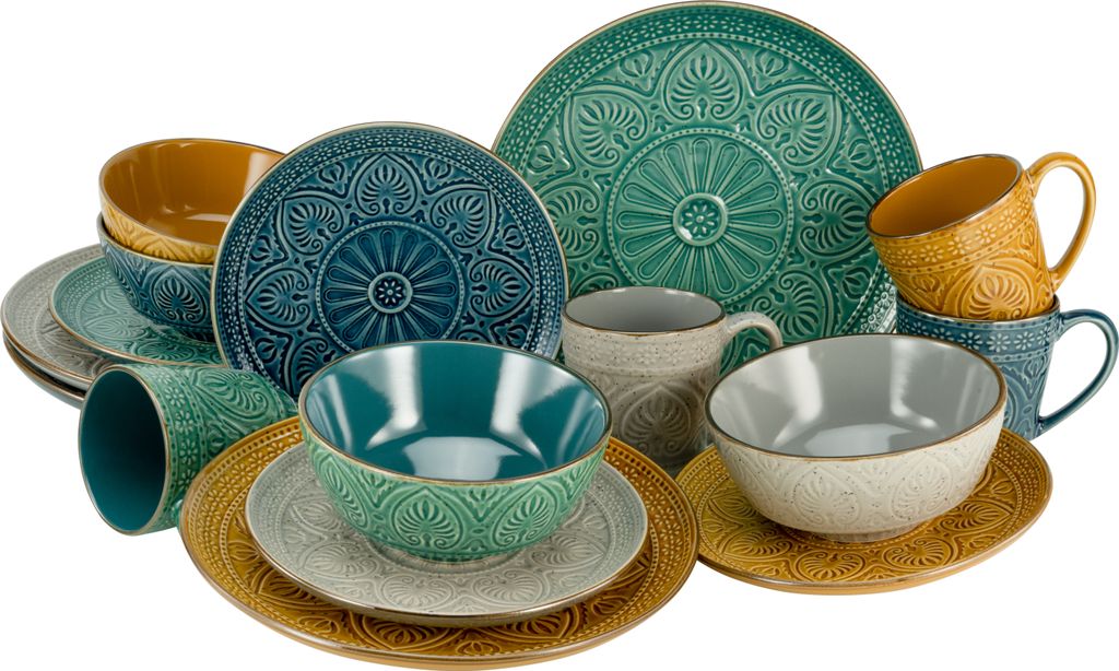 A collection of ceramic dinnerware with embossed patterns, including plates, bowls, and mugs, arranged on a white background.