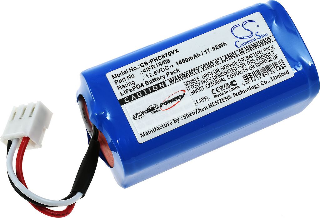 A blue battery pack with a white connector and wires, placed on a white background.